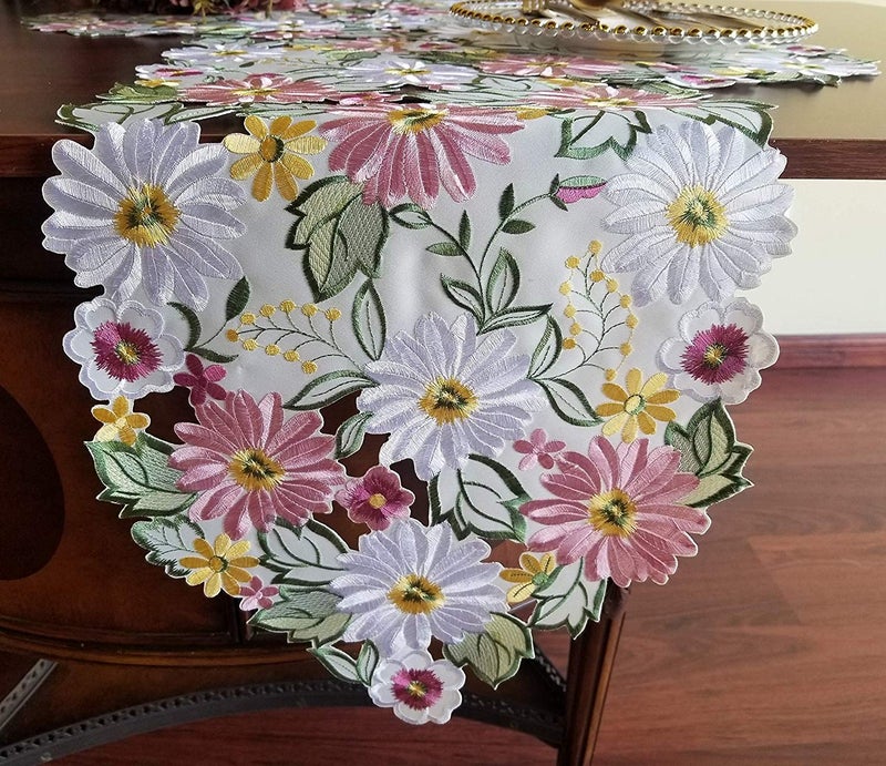 GRANDDECO Spring Table Runner 13"Ã—54" Embroidered Flowery Applique Floral Daisy Cutwork Table Linen Home Kitchen Dining Tabletop Decoration - Image 4